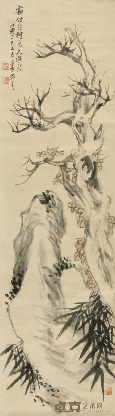 胡公寿 戊寅（1878年）作 树石 立轴 148×41cm